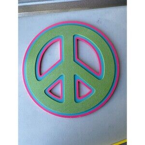 Hobby Lobby Peace Sign Wall Decor Glitter Green Pink Blue 14" Round Wood Art